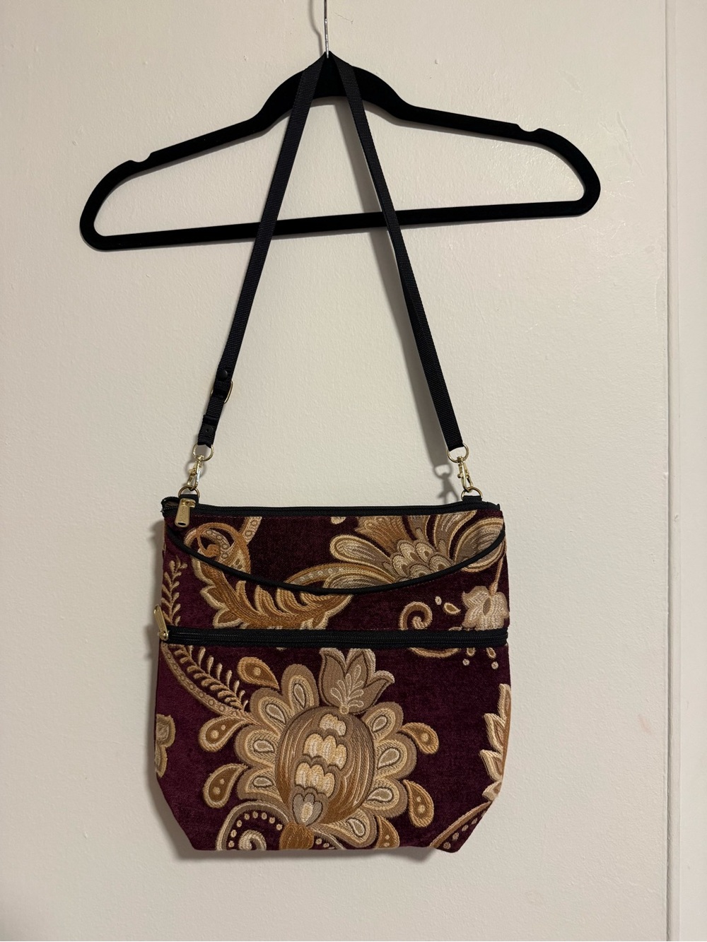 Danny K. Burgundy Floral Crossbody Bag with Gold Accents made in the USA